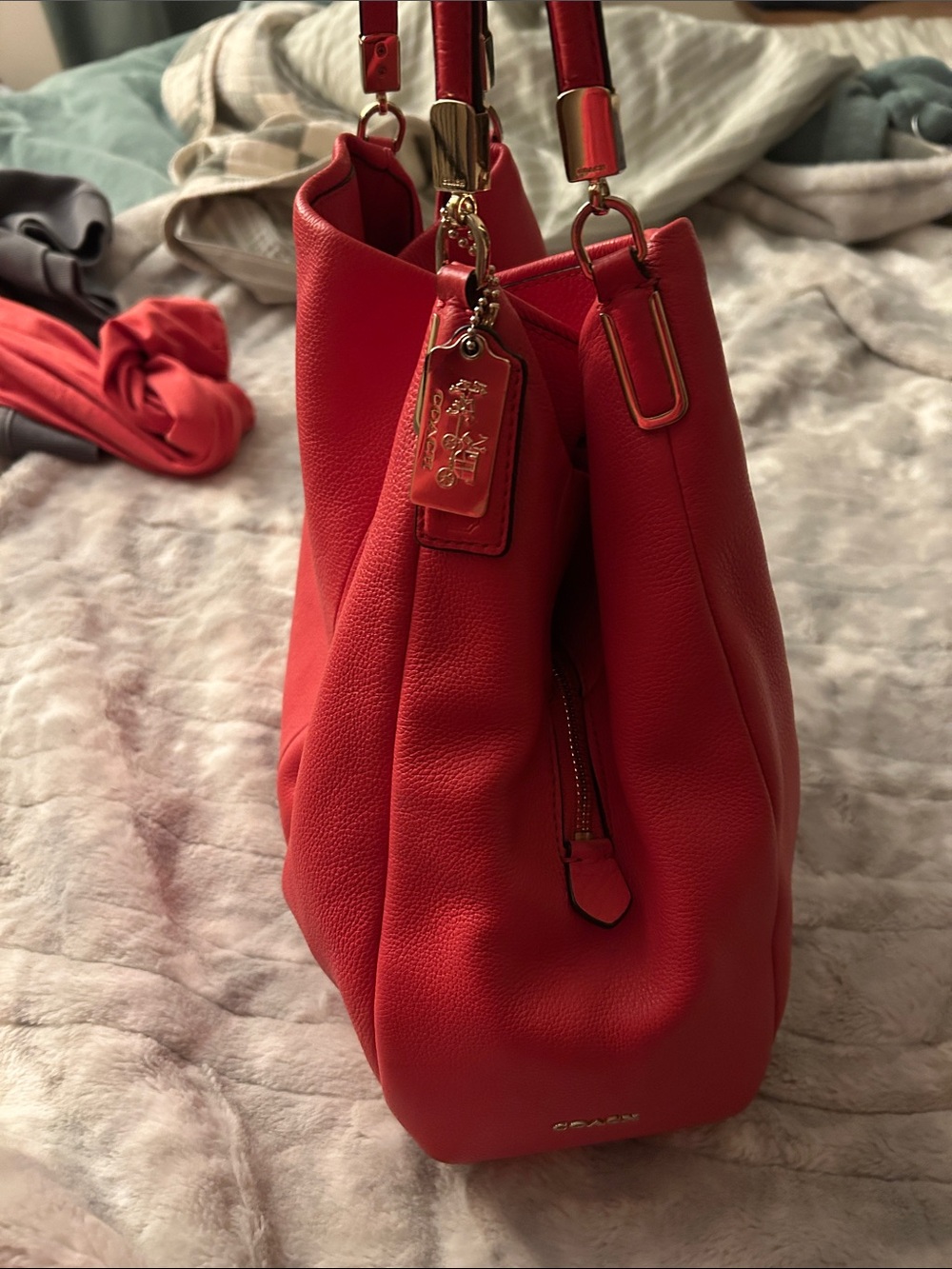 Coach Coral Pebbled Leather Shoulder Tote with Gold Accents